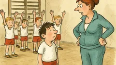 Vtip: V tělocviku děti cvičí, Pepíček odpoví